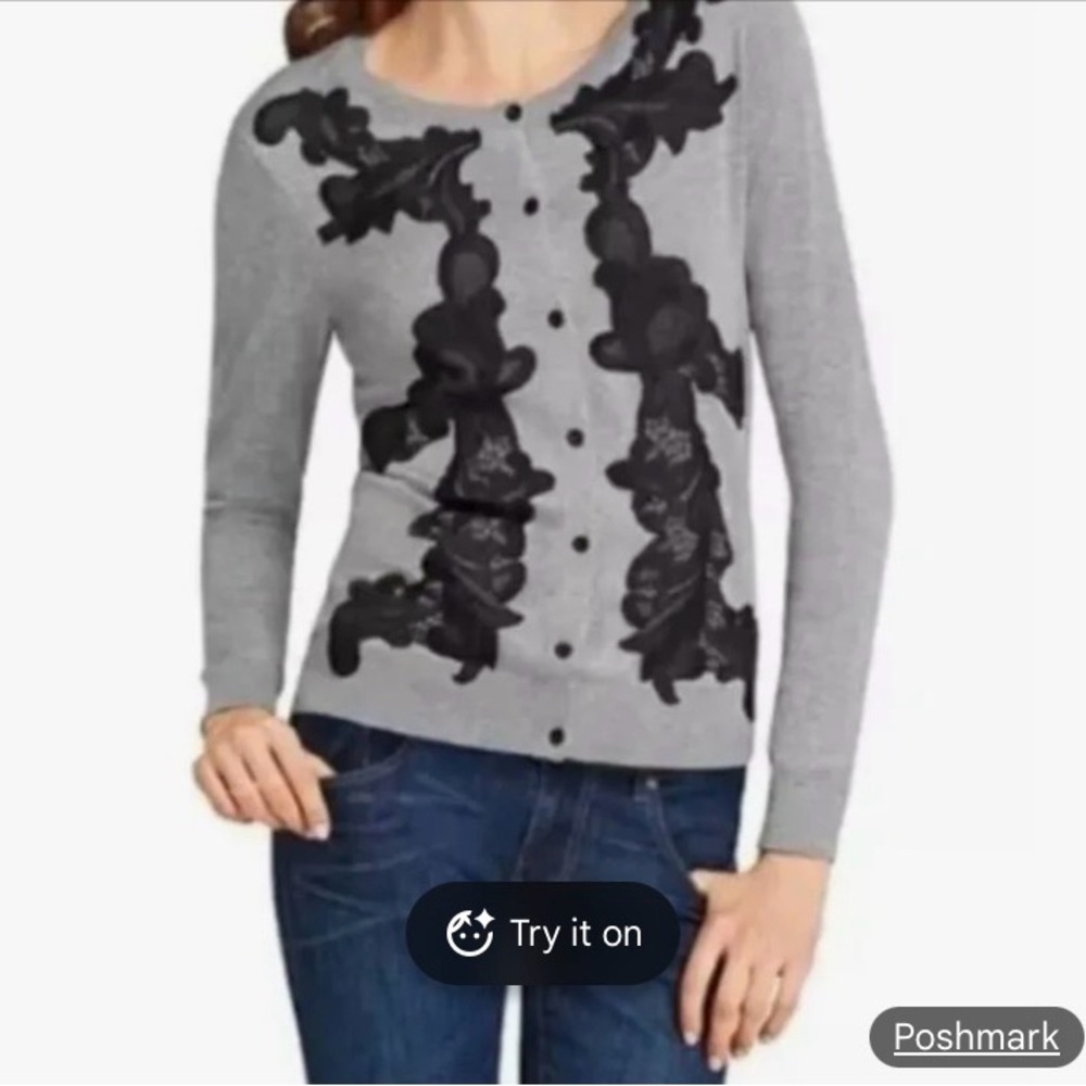 CAbi gray cardigan with black appliqués S style #100